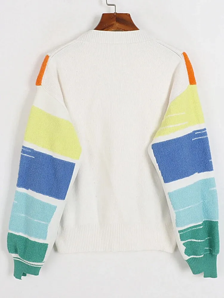 Hit Color Loose Sweater For Women V Neck Long Sleeve Knitting Patchwork Double Breasted Tops Female Fashion