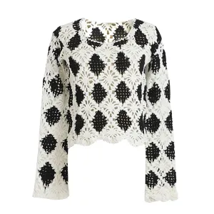 Hit Color Plaid Sweaters For Women Round Neck Long Sleeve Hollow Out Casual Knitting Sweater Female Fashion Clothes