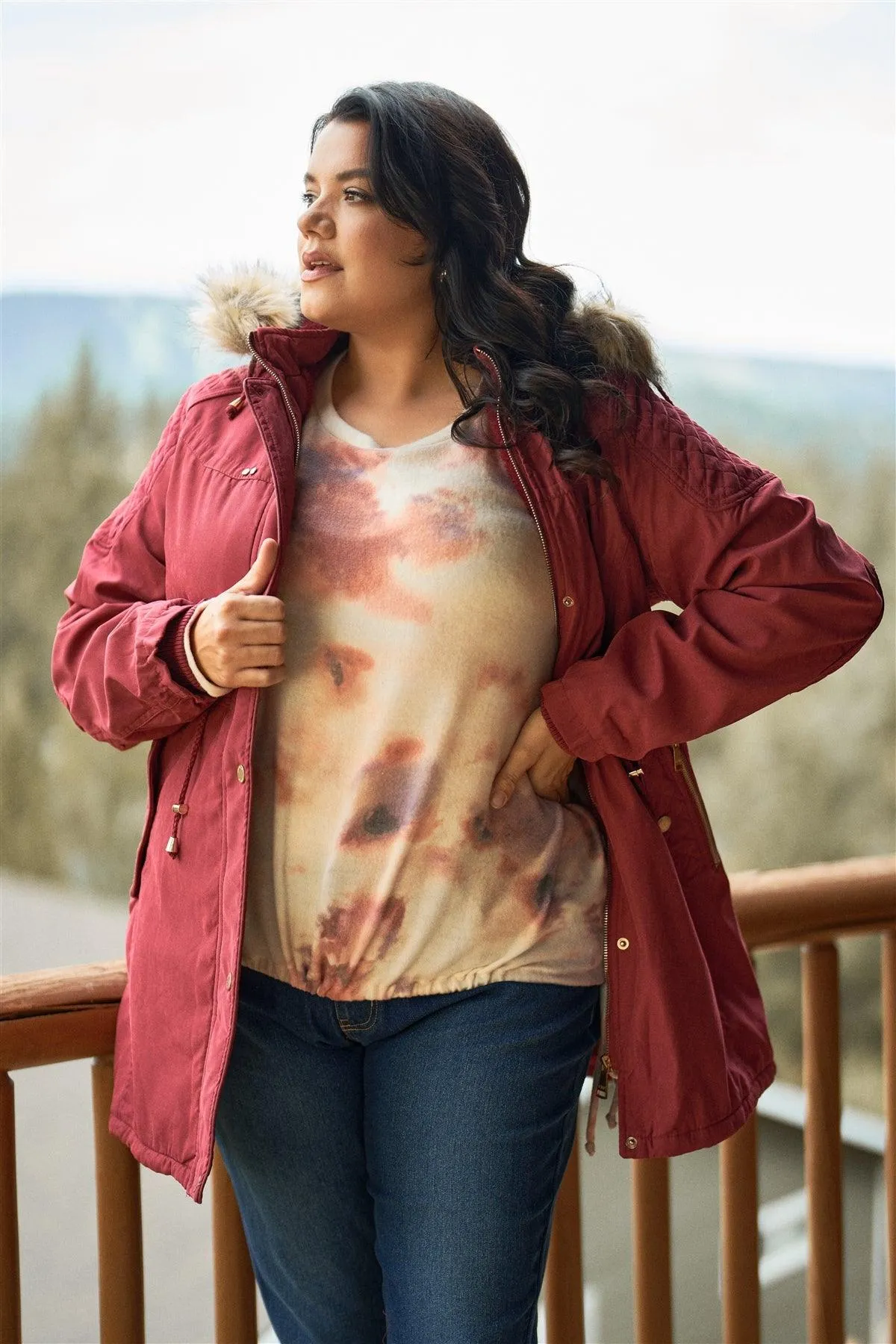 Junior Plus Size Wine Fuchsia  Quilted Detail Vegan Fur Cotton Twill Parka Jacket /2-2-1-1
