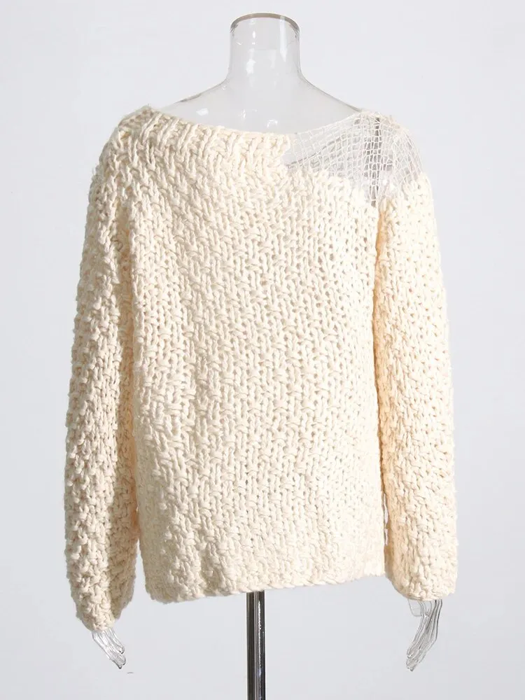 Knitting Solid Sweater For Women Round Neck Long Sleeve Hollow Out Loose Sweater Female Fashion Style Clothing