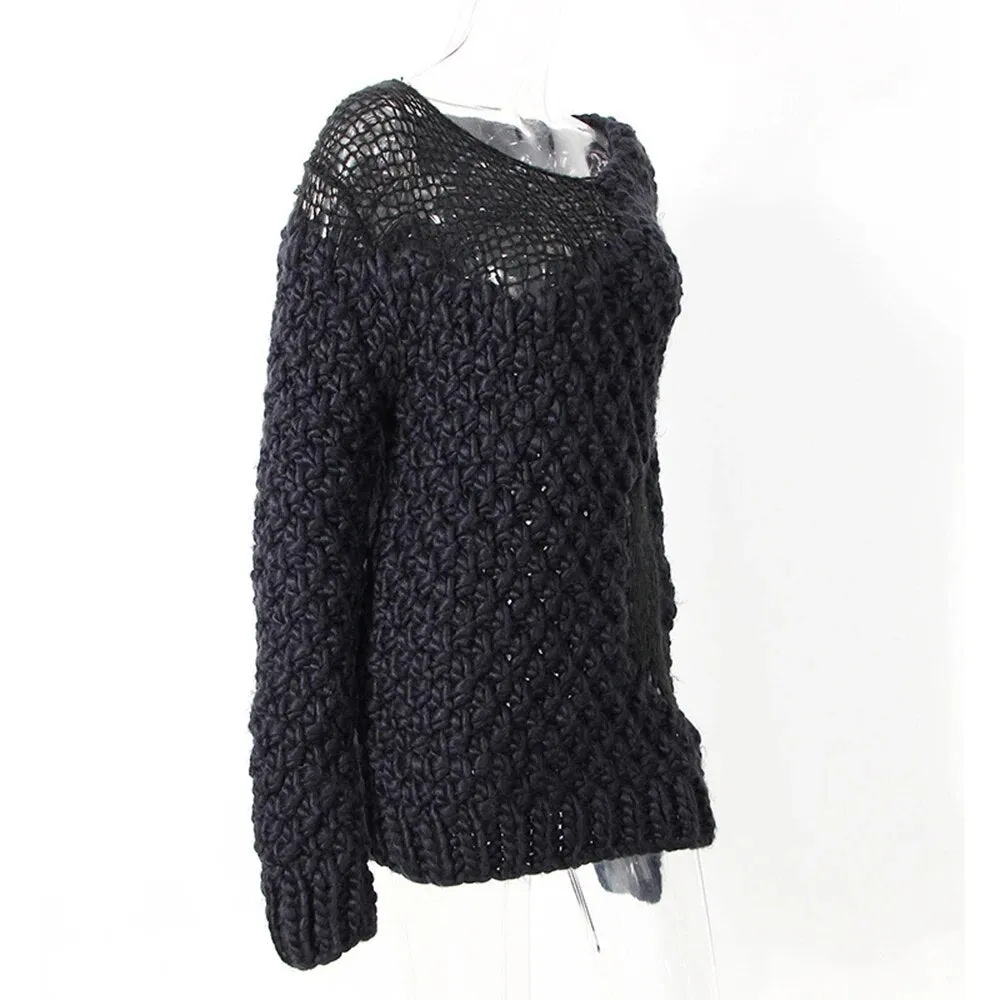 Knitting Solid Sweater For Women Round Neck Long Sleeve Hollow Out Loose Sweater Female Fashion Style Clothing