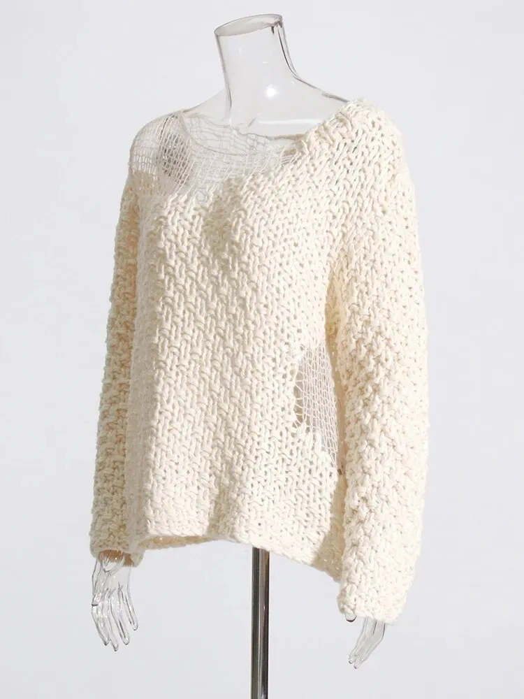 Knitting Solid Sweater For Women Round Neck Long Sleeve Hollow Out Loose Sweater Female Fashion Style Clothing