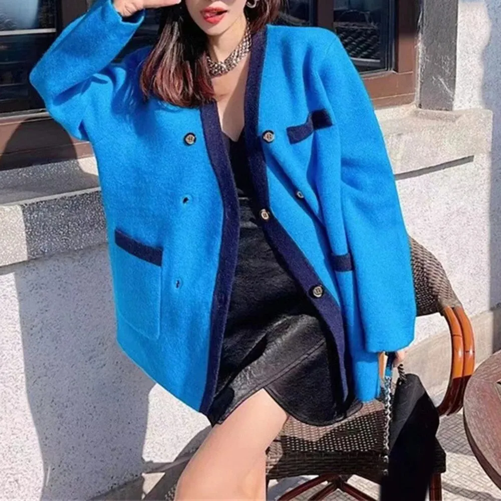 Knitting Sweater For Women V Neck Long Sleeve Casual Loose Spliced Double Breasted Sweater Female Fashion Clothes
