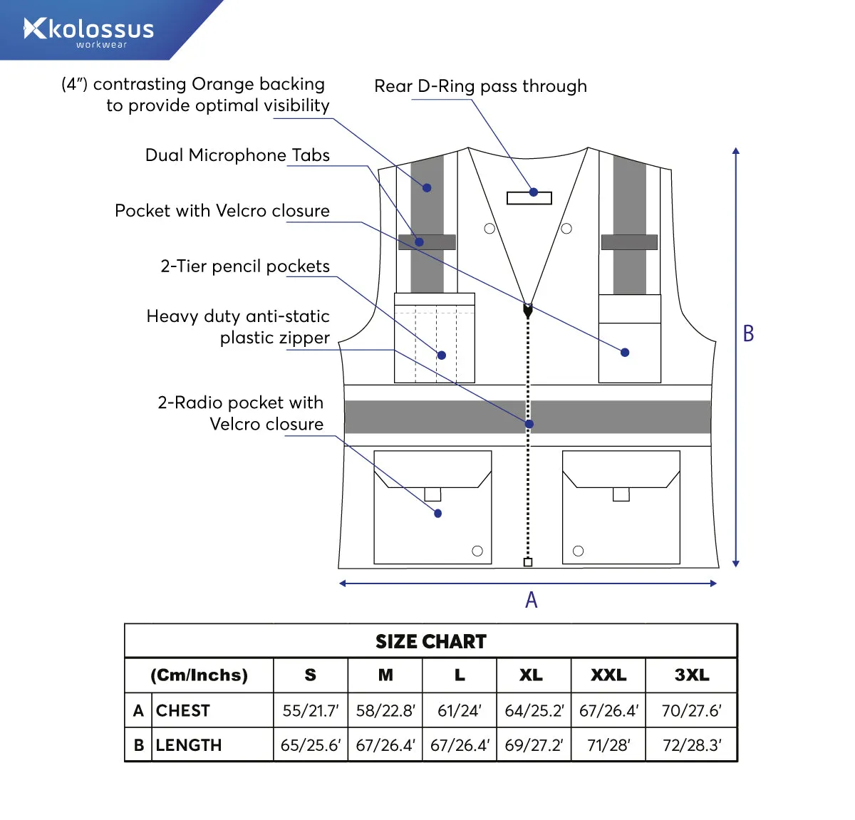 Kolossus Pro Deluxe High Visibility Vest with Multi Frontal Pockets | ANSI Class 2 Compliant