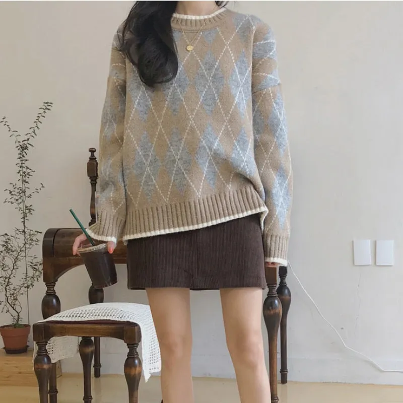 Korean Fashion Autumn Winter Vintage Loose All Match Pullover Plaid Knitted Sweater Long Sleeve Women Clothes Femme Top