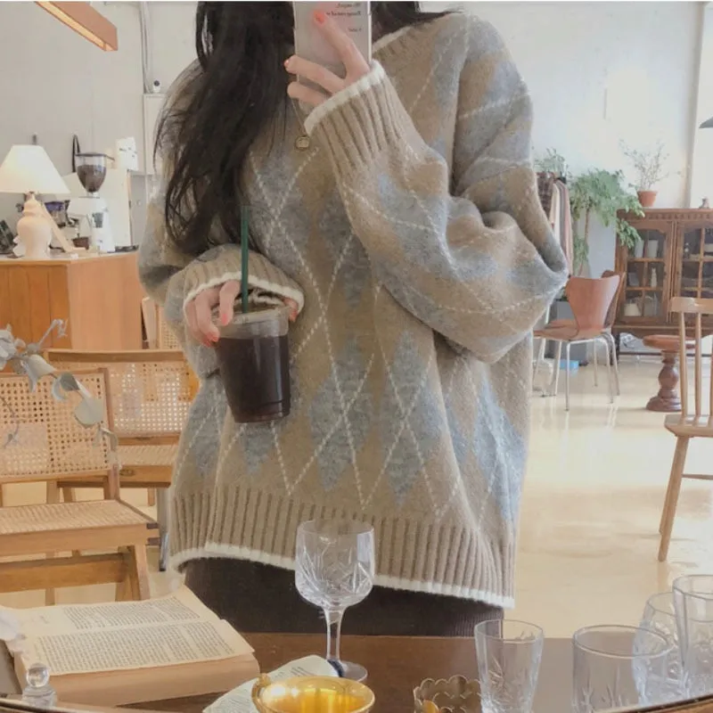 Korean Fashion Autumn Winter Vintage Loose All Match Pullover Plaid Knitted Sweater Long Sleeve Women Clothes Femme Top