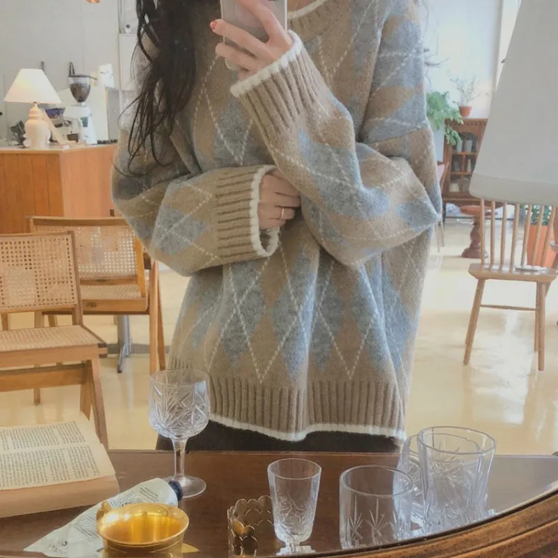 Korean Fashion Autumn Winter Vintage Loose All Match Pullover Plaid Knitted Sweater Long Sleeve Women Clothes Femme Top