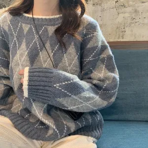 Korean Fashion Autumn Winter Vintage Loose All Match Pullover Plaid Knitted Sweater Long Sleeve Women Clothes Femme Top