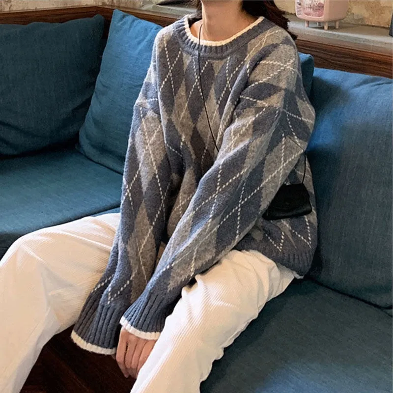 Korean Fashion Autumn Winter Vintage Loose All Match Pullover Plaid Knitted Sweater Long Sleeve Women Clothes Femme Top