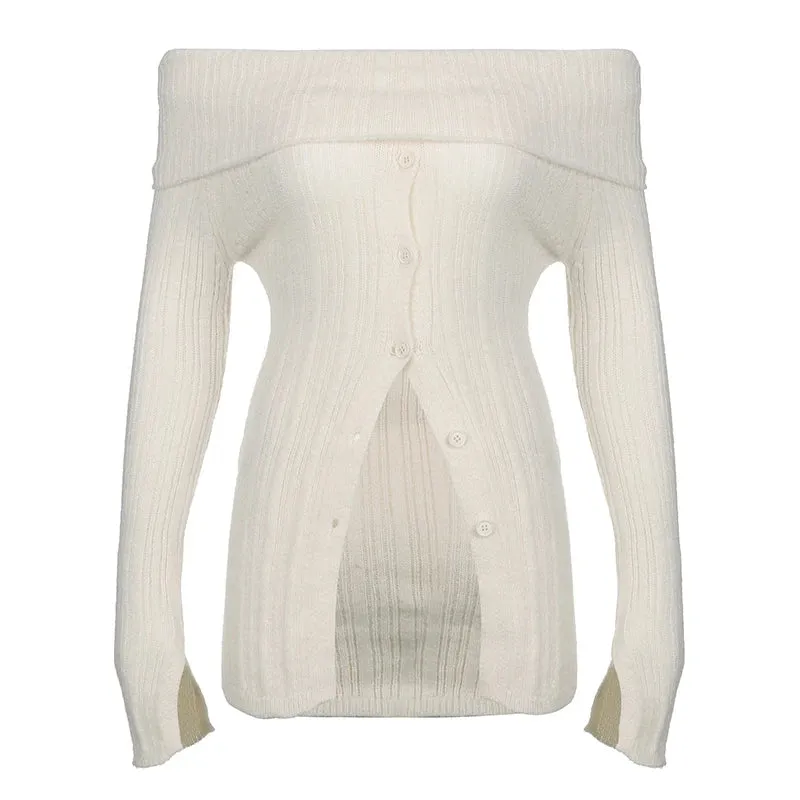 Korean Fashion Off Shoulder Knitted Sweater Women Autumn Buttons Coquette Clothes Basic Knitwears Pullover Outwear
