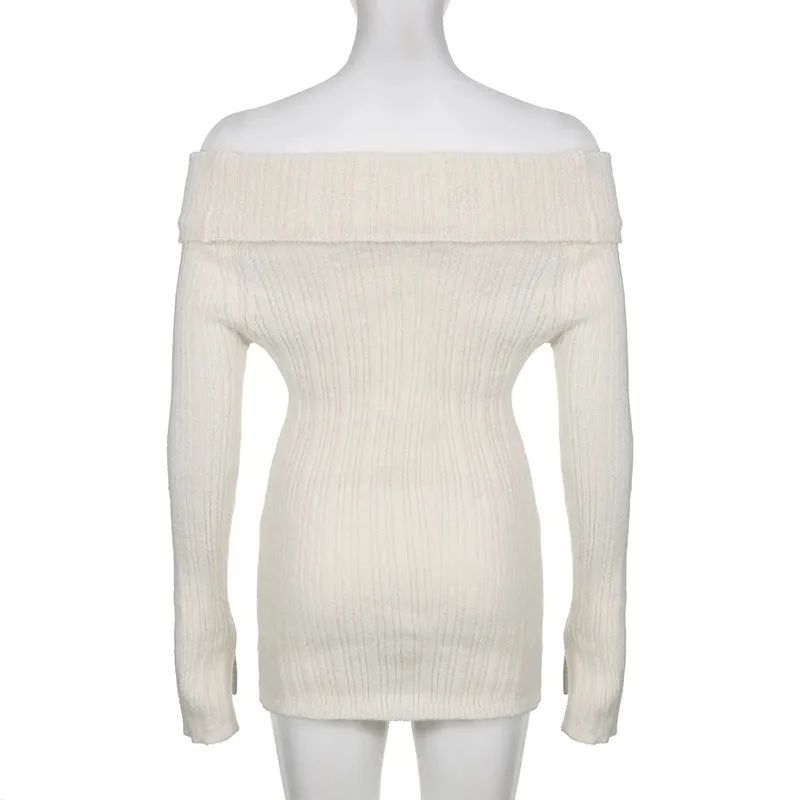 Korean Fashion Off Shoulder Knitted Sweater Women Autumn Buttons Coquette Clothes Basic Knitwears Pullover Outwear