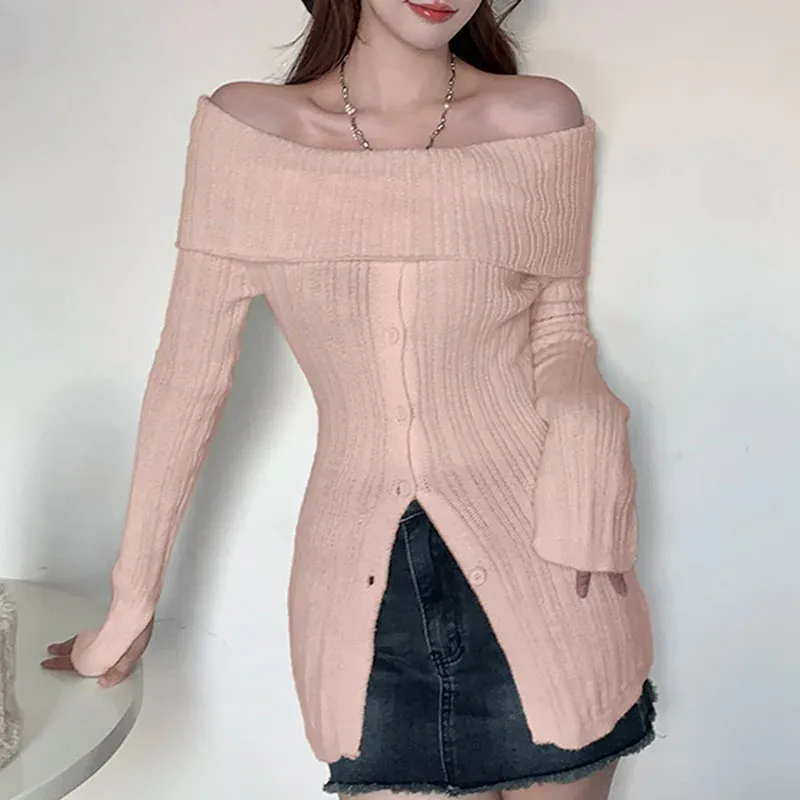 Korean Fashion Off Shoulder Knitted Sweater Women Autumn Buttons Coquette Clothes Basic Knitwears Pullover Outwear