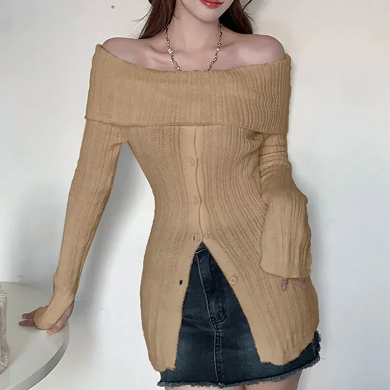 Korean Fashion Off Shoulder Knitted Sweater Women Autumn Buttons Coquette Clothes Basic Knitwears Pullover Outwear