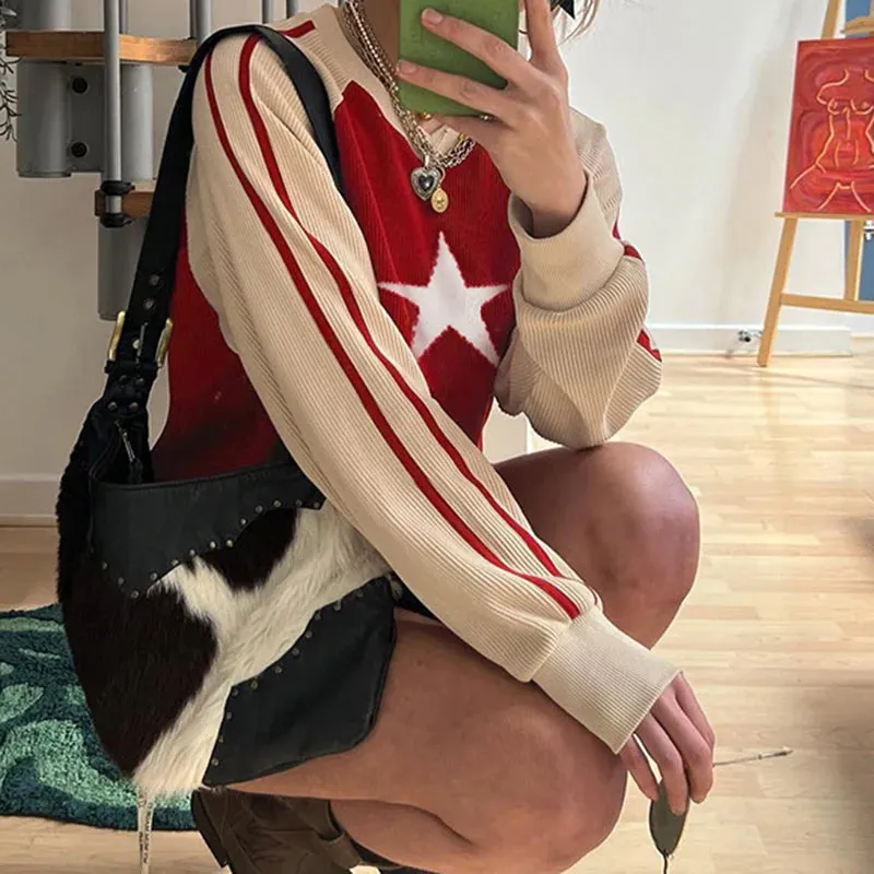 Korean Fashion Y2K Red Autumn Sweater Women Star Pattern Patchwork Loose Pullover Knit Contrast Color Jumpers Outfits