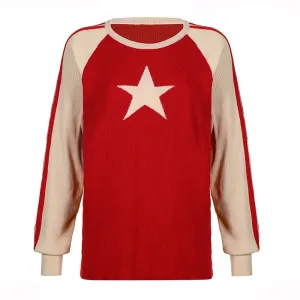Korean Fashion Y2K Red Autumn Sweater Women Star Pattern Patchwork Loose Pullover Knit Contrast Color Jumpers Outfits