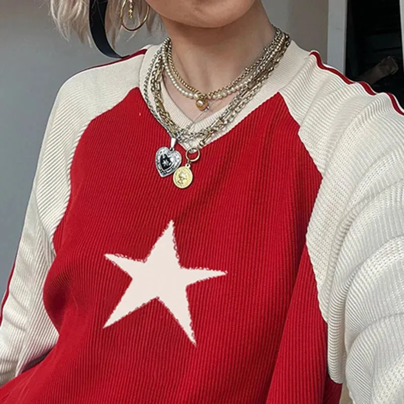 Korean Fashion Y2K Red Autumn Sweater Women Star Pattern Patchwork Loose Pullover Knit Contrast Color Jumpers Outfits