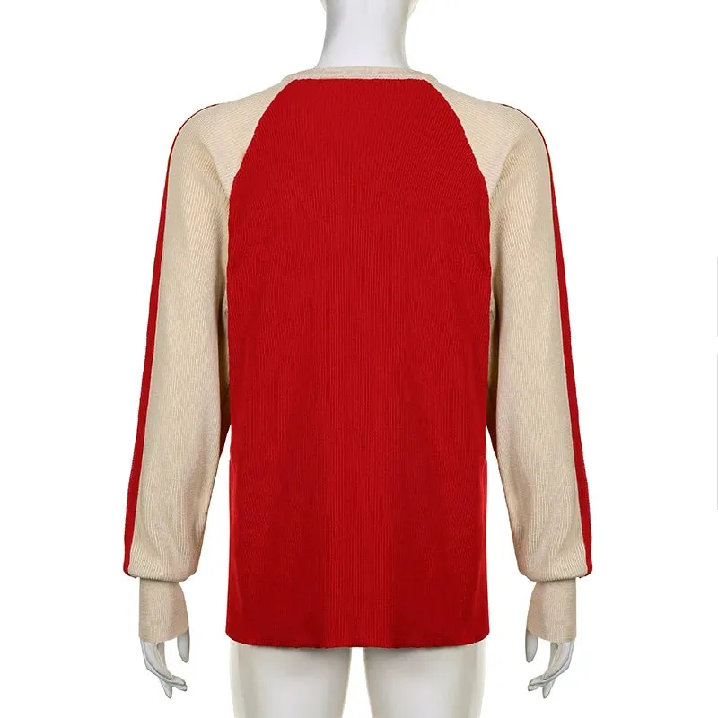 Korean Fashion Y2K Red Autumn Sweater Women Star Pattern Patchwork Loose Pullover Knit Contrast Color Jumpers Outfits