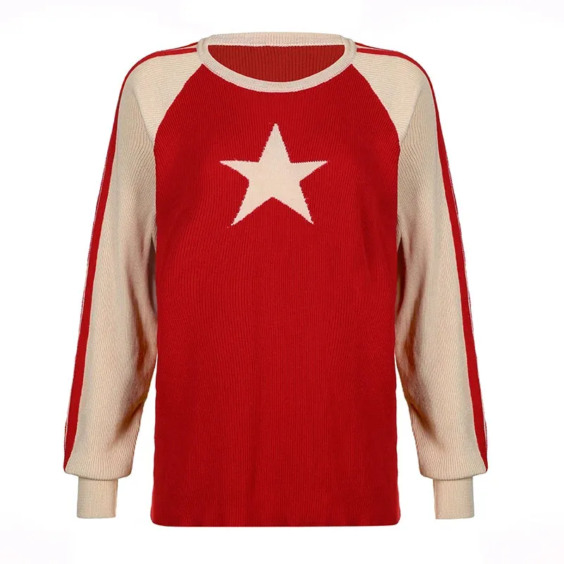 Korean Fashion Y2K Red Autumn Sweater Women Star Pattern Patchwork Loose Pullover Knit Contrast Color Jumpers Outfits