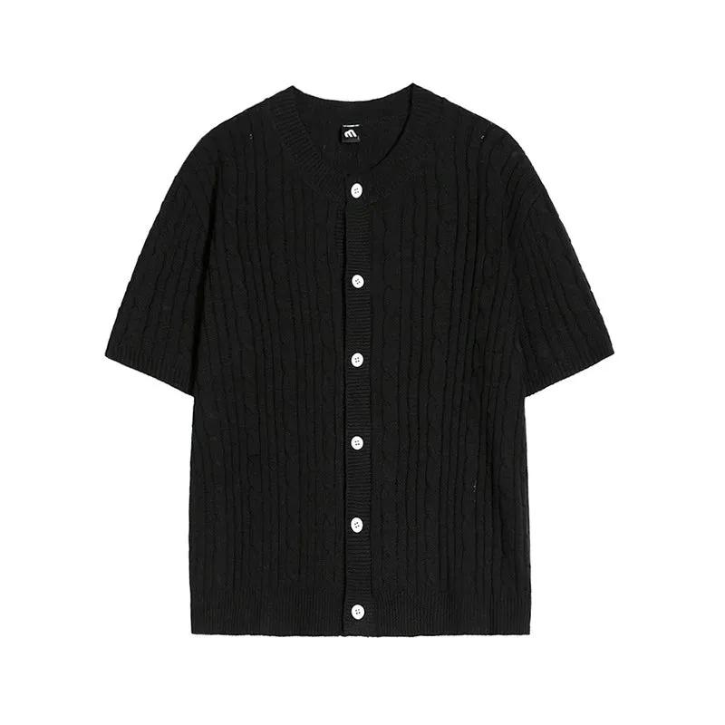 Korean Style Men's Cardigan Casual Knitted Round Neck Tops Short Sleeve Single Brteasted Solid Color Loose  Sweater 9C6496