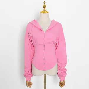 Korean Style Solid Sweatshirt For Women Hooded Collar Long Sleeve Single Breasted Sweatshirts Female Fashion