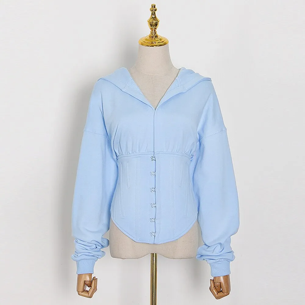 Korean Style Solid Sweatshirt For Women Hooded Collar Long Sleeve Single Breasted Sweatshirts Female Fashion