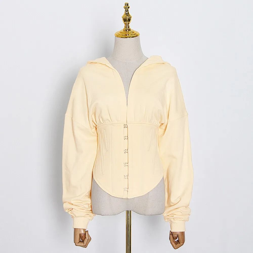 Korean Style Solid Sweatshirt For Women Hooded Collar Long Sleeve Single Breasted Sweatshirts Female Fashion