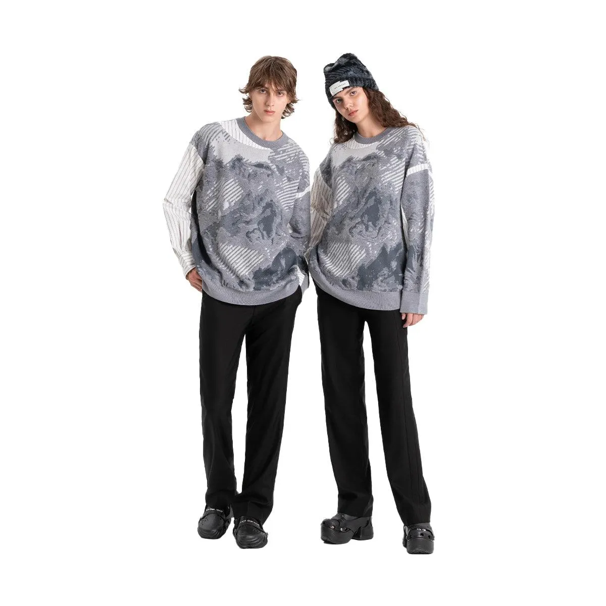 Landscape Painting Jacquard Jumper 'Grey'