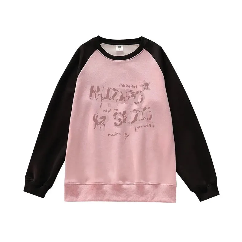Loose O-neck Women's Hoodies Spell Color Casual Letter Printing Fashion Female Sweatshirts Winter Sweet Chic Office Lady