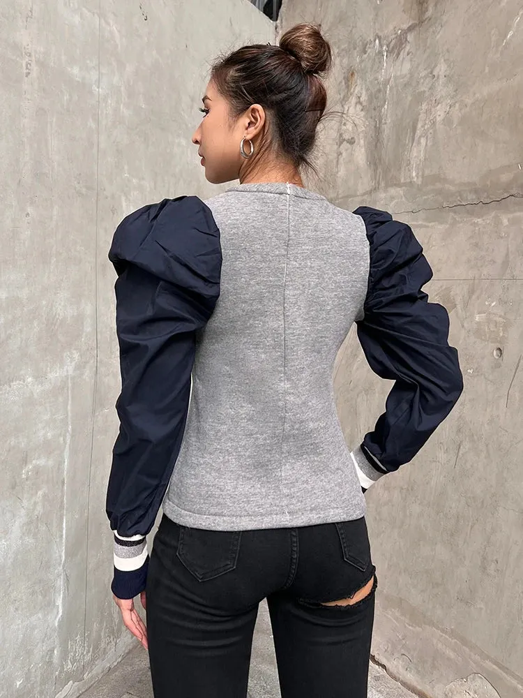 Loose Patchwork Colorblock Sweatshirt For Women Round Neck Puff Sleeve Casual Sweatshirts Female Autumn Clothes New