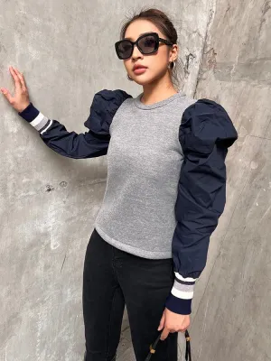 Loose Patchwork Colorblock Sweatshirt For Women Round Neck Puff Sleeve Casual Sweatshirts Female Autumn Clothes New