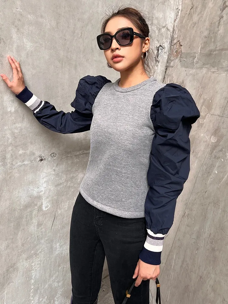 Loose Patchwork Colorblock Sweatshirt For Women Round Neck Puff Sleeve Casual Sweatshirts Female Autumn Clothes New