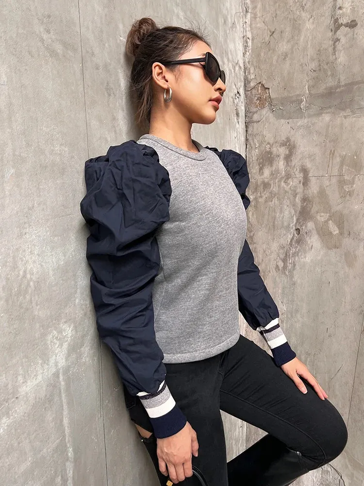 Loose Patchwork Colorblock Sweatshirt For Women Round Neck Puff Sleeve Casual Sweatshirts Female Autumn Clothes New