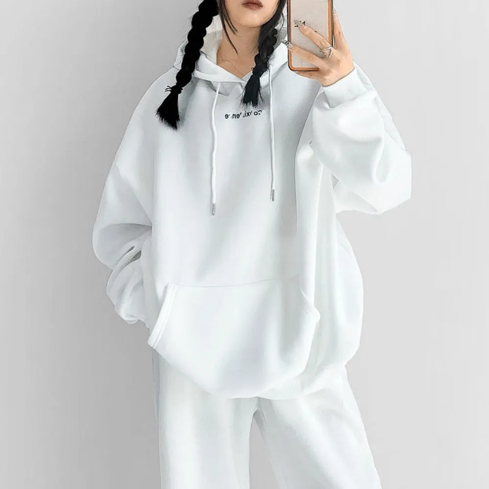 Loose Streetwear Sweatshirt For Women Hooded Collar Long Sleeve Drawstring Sweatshirts Female Autumn Clothing Style