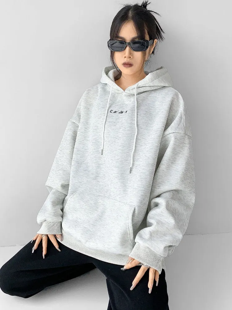 Loose Streetwear Sweatshirt For Women Hooded Collar Long Sleeve Drawstring Sweatshirts Female Autumn Clothing Style