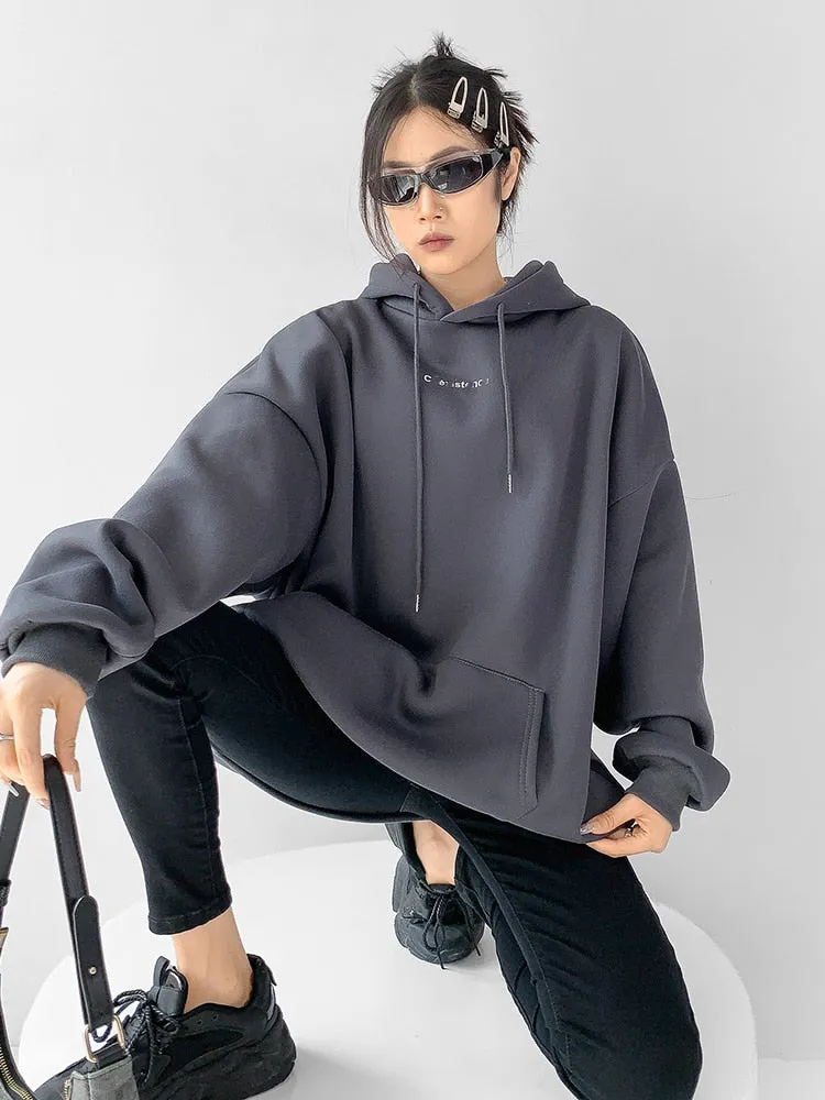Loose Streetwear Sweatshirt For Women Hooded Collar Long Sleeve Drawstring Sweatshirts Female Autumn Clothing Style
