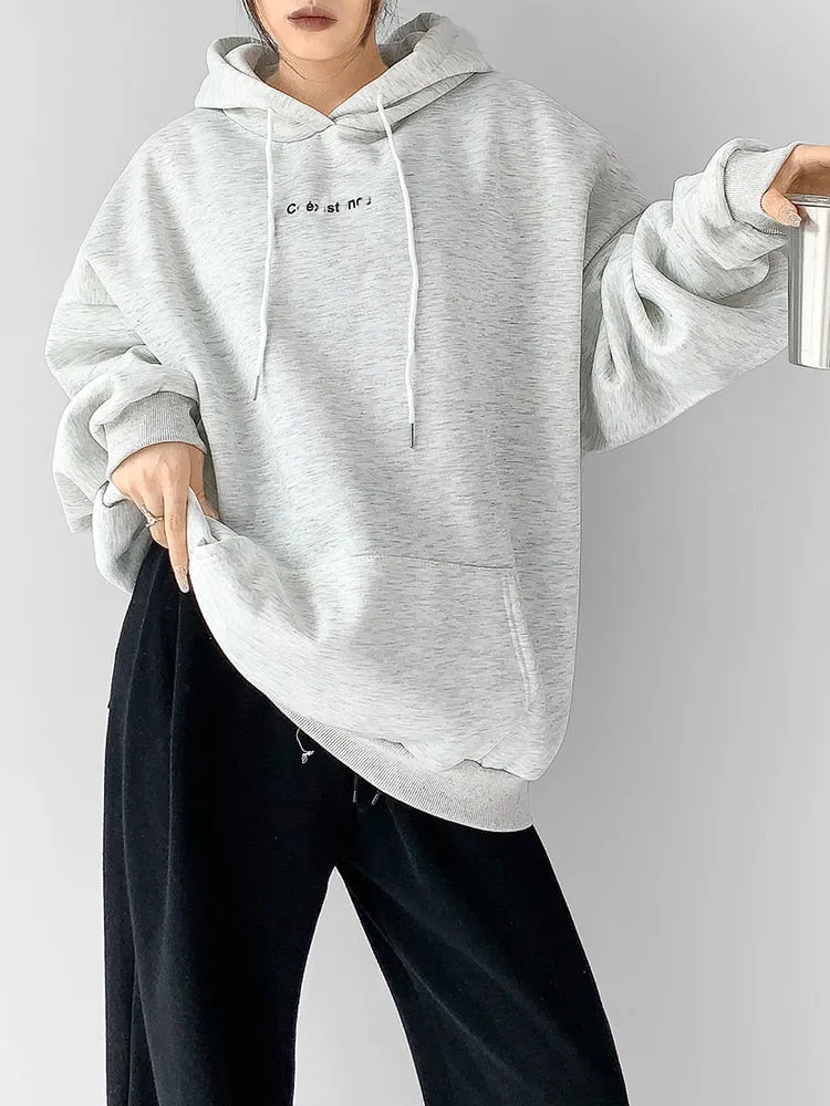 Loose Streetwear Sweatshirt For Women Hooded Collar Long Sleeve Drawstring Sweatshirts Female Autumn Clothing Style