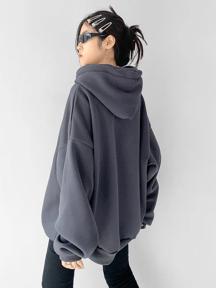 Loose Streetwear Sweatshirt For Women Hooded Collar Long Sleeve Drawstring Sweatshirts Female Autumn Clothing Style