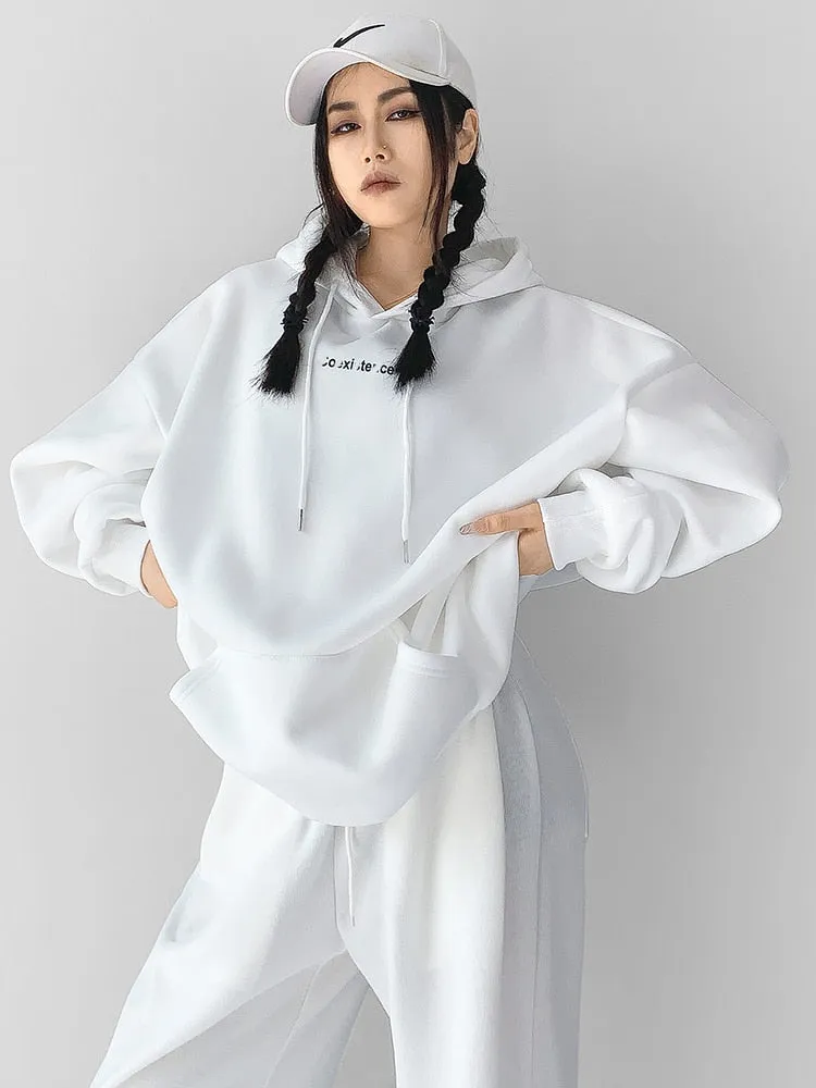 Loose Streetwear Sweatshirt For Women Hooded Collar Long Sleeve Drawstring Sweatshirts Female Autumn Clothing Style