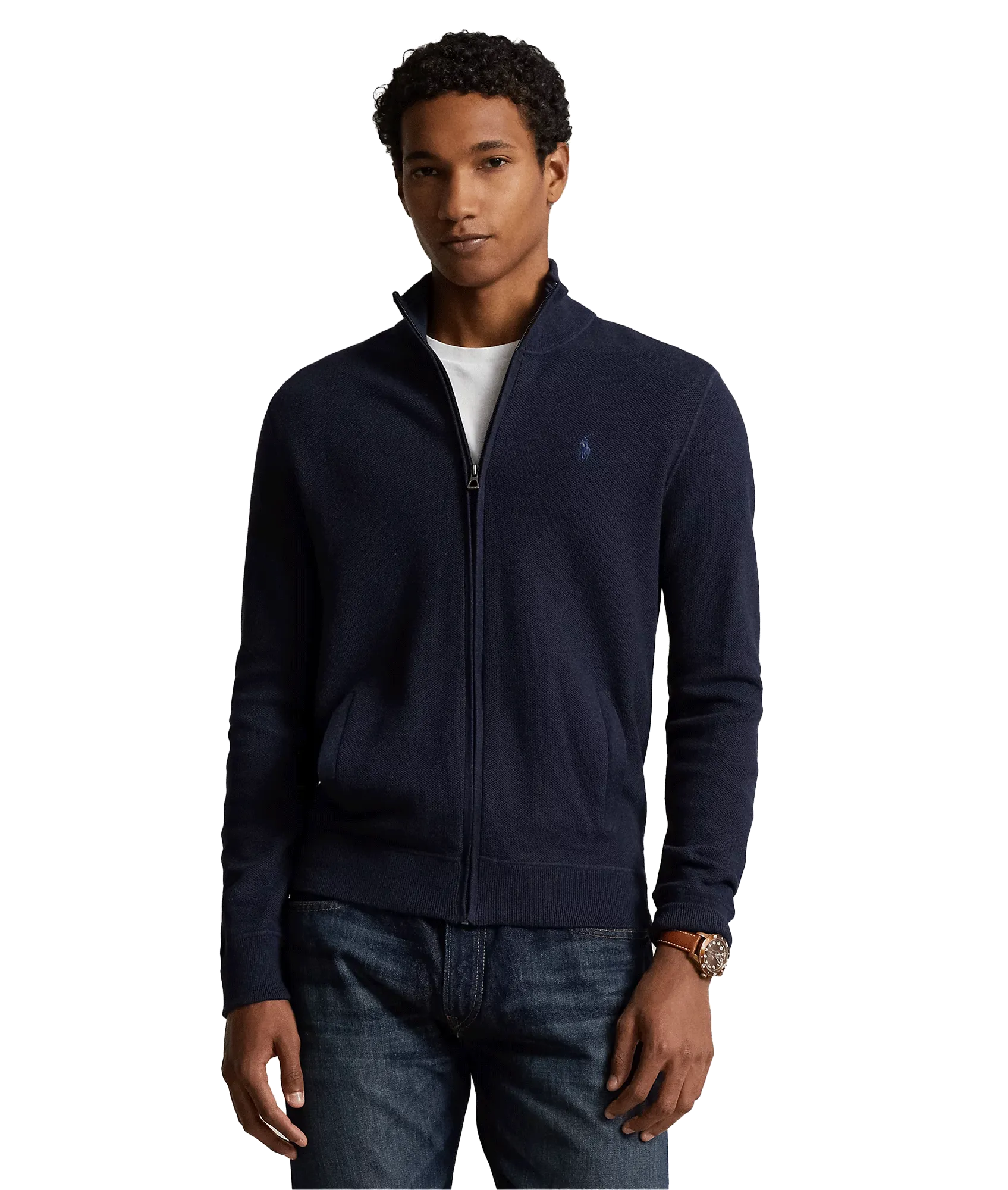 Mesh-Knit Cotton Full-Zip Sweatshirt - Navy