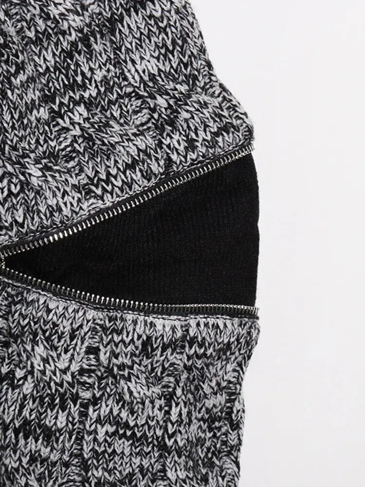 Minimalist Knitting Sweaters For Women Round Neck Long Sleeve Patchwork Zipper Loose Casual Sweater Female Fashion