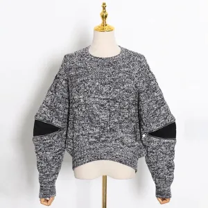 Minimalist Knitting Sweaters For Women Round Neck Long Sleeve Patchwork Zipper Loose Casual Sweater Female Fashion