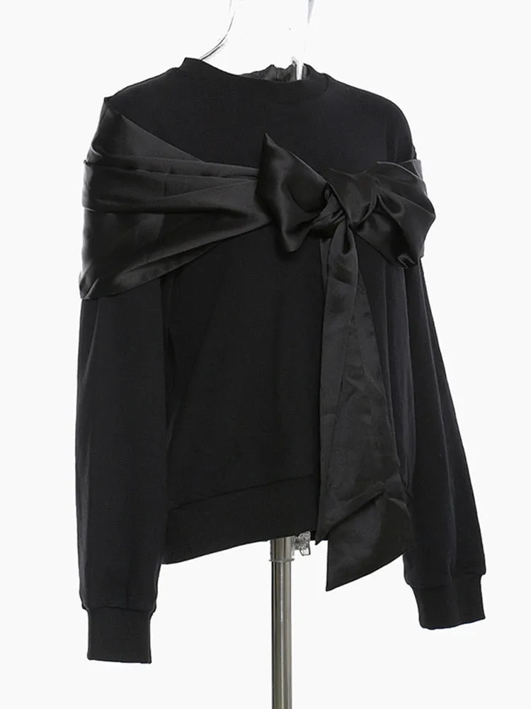 Minimalist Patchwork Bow Laca Up Sweatshirts For Women Round Neck Long Sleeve Loose Casual Sweatshirt Female