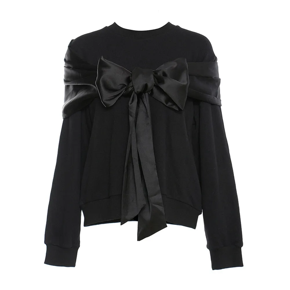 Minimalist Patchwork Bow Laca Up Sweatshirts For Women Round Neck Long Sleeve Loose Casual Sweatshirt Female