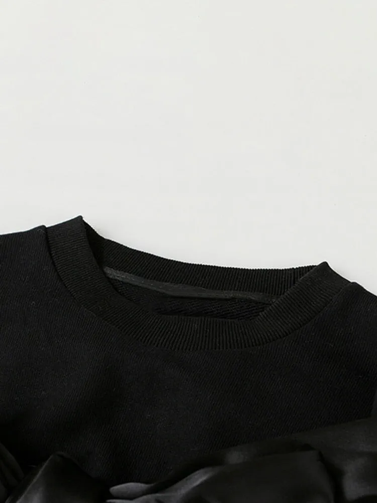 Minimalist Patchwork Bow Laca Up Sweatshirts For Women Round Neck Long Sleeve Loose Casual Sweatshirt Female