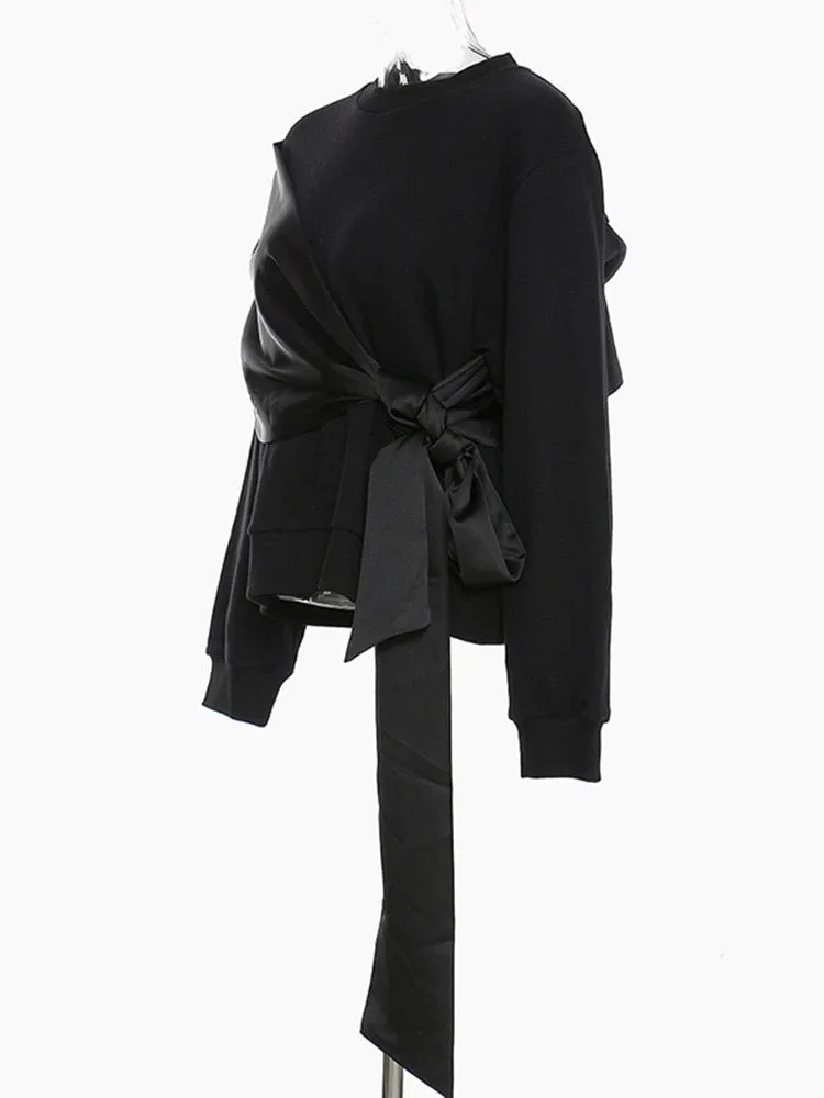Minimalist Patchwork Bow Laca Up Sweatshirts For Women Round Neck Long Sleeve Loose Casual Sweatshirt Female