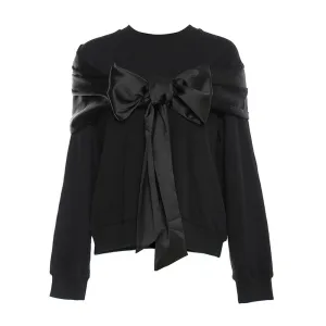 Minimalist Patchwork Bow Laca Up Sweatshirts For Women Round Neck Long Sleeve Loose Casual Sweatshirt Female