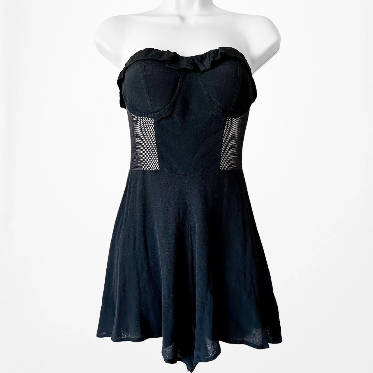 Nasty Gal Navy Blue Bustier Strapless Sheer Mesh Ruffle Romper Dress Size S