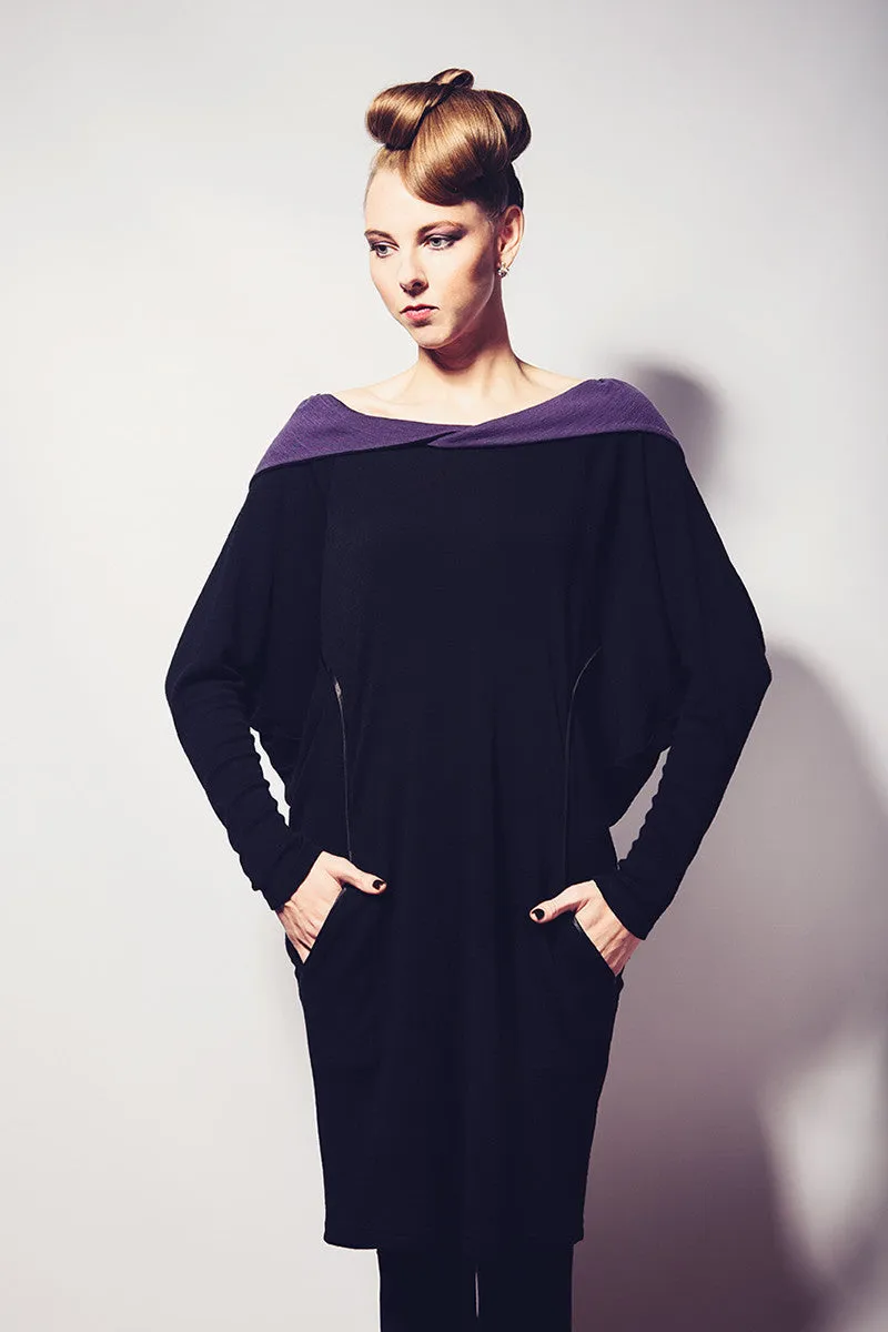 Outsider hoodie dress merino wool in black with grape *ONE LEFT!*