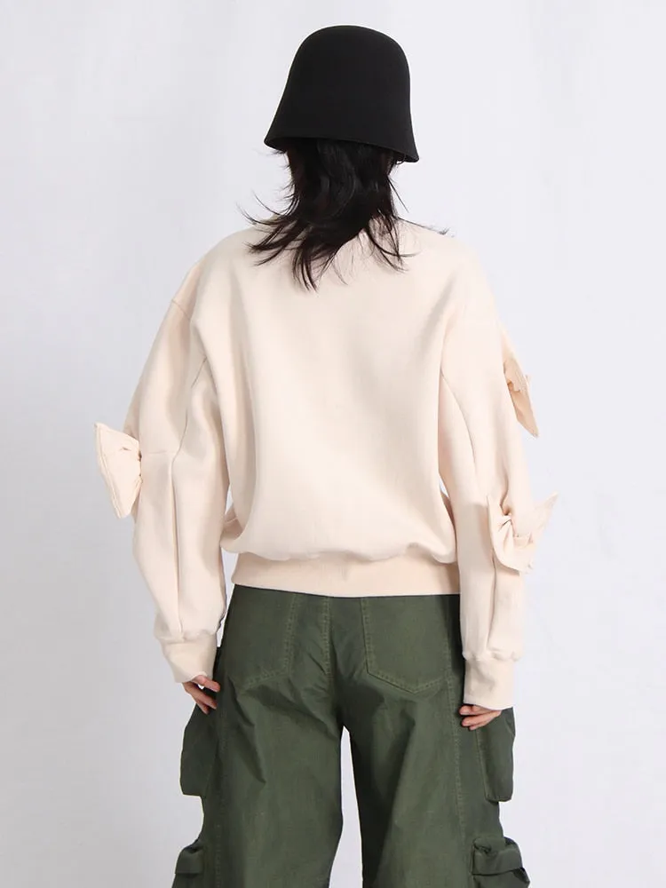 Patchwork Bow Sweatshirts For Women Round Neck Long Sleeve Loose Casual Pullover Solid Sweatshirt Female Fashion