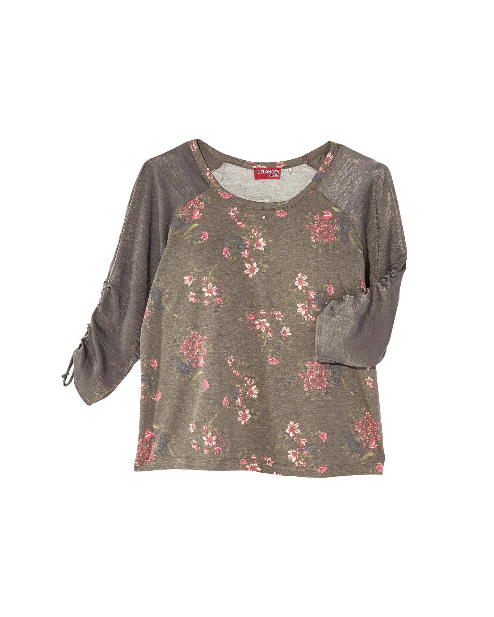 Rita Contrast 3/4 Sleeve Tee | Olive Green / Pink